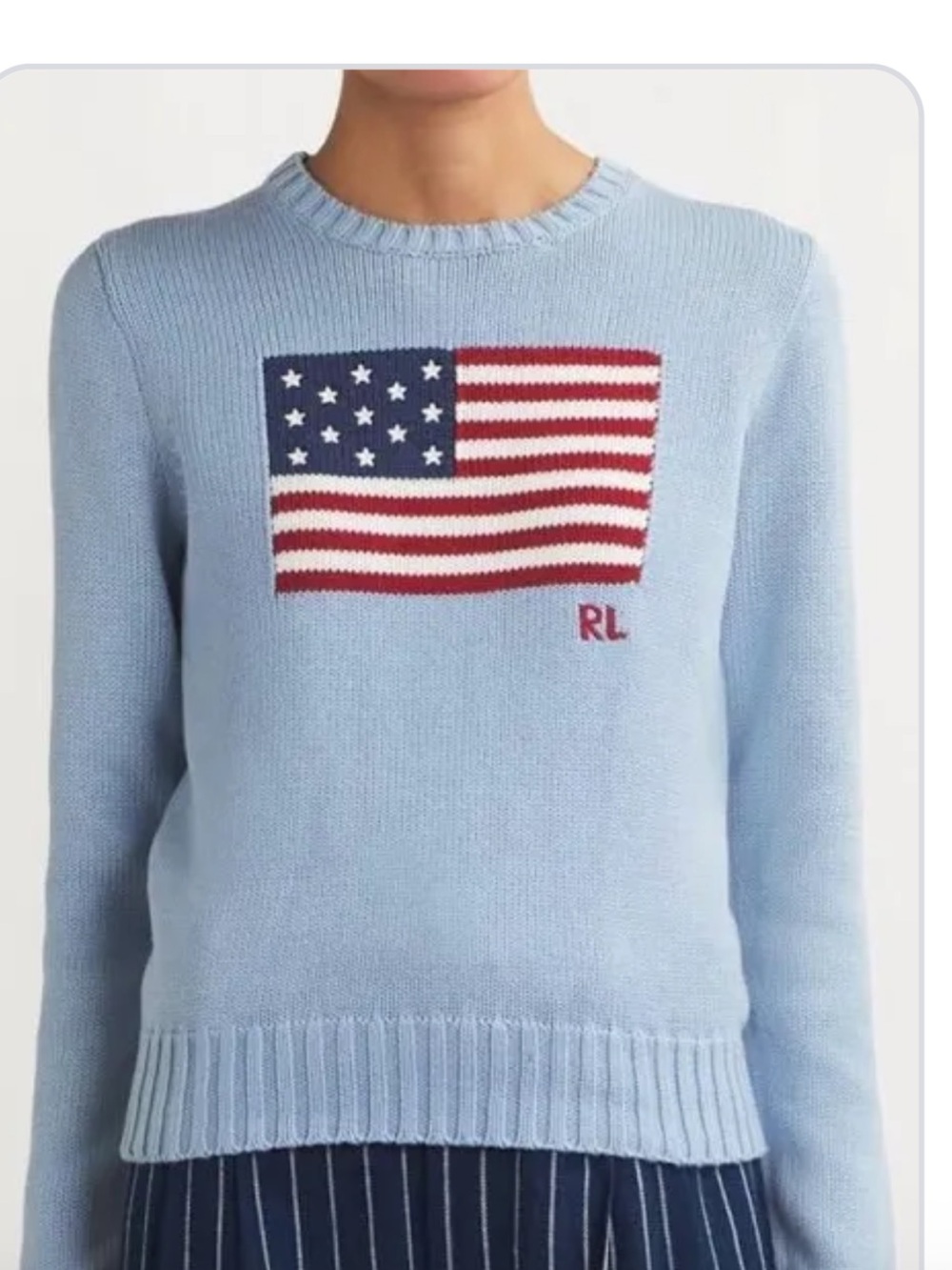 Ralph Lauren Sky Blue Crewneck Sweater with American Flag Intarsia